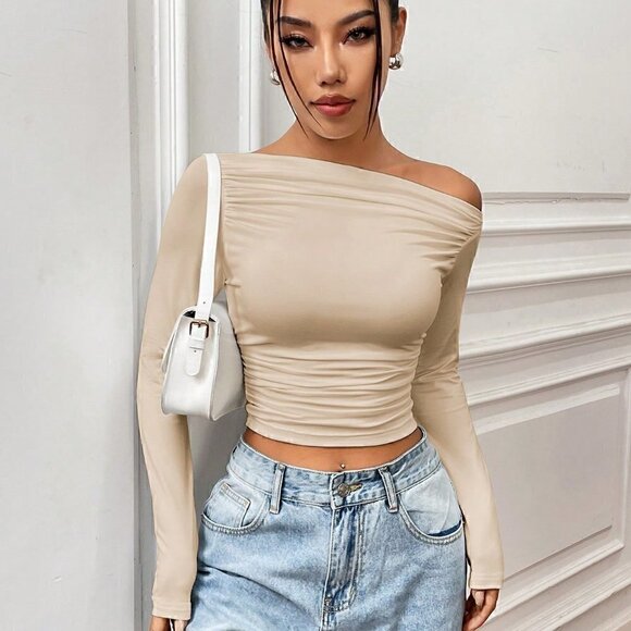 . Tops - Apricot Casual Women's Asymmetrical Collar Pleated Long Sleeve T-Shirt